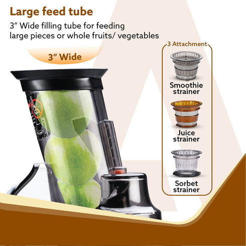 Imperial Slow Juicer, Professional Cold Press Whole Slow Juicer, 240 Watts Power Motor, 3 Strainers, All-in-1 Fruit & Vegetable Juicer, Grey/Black